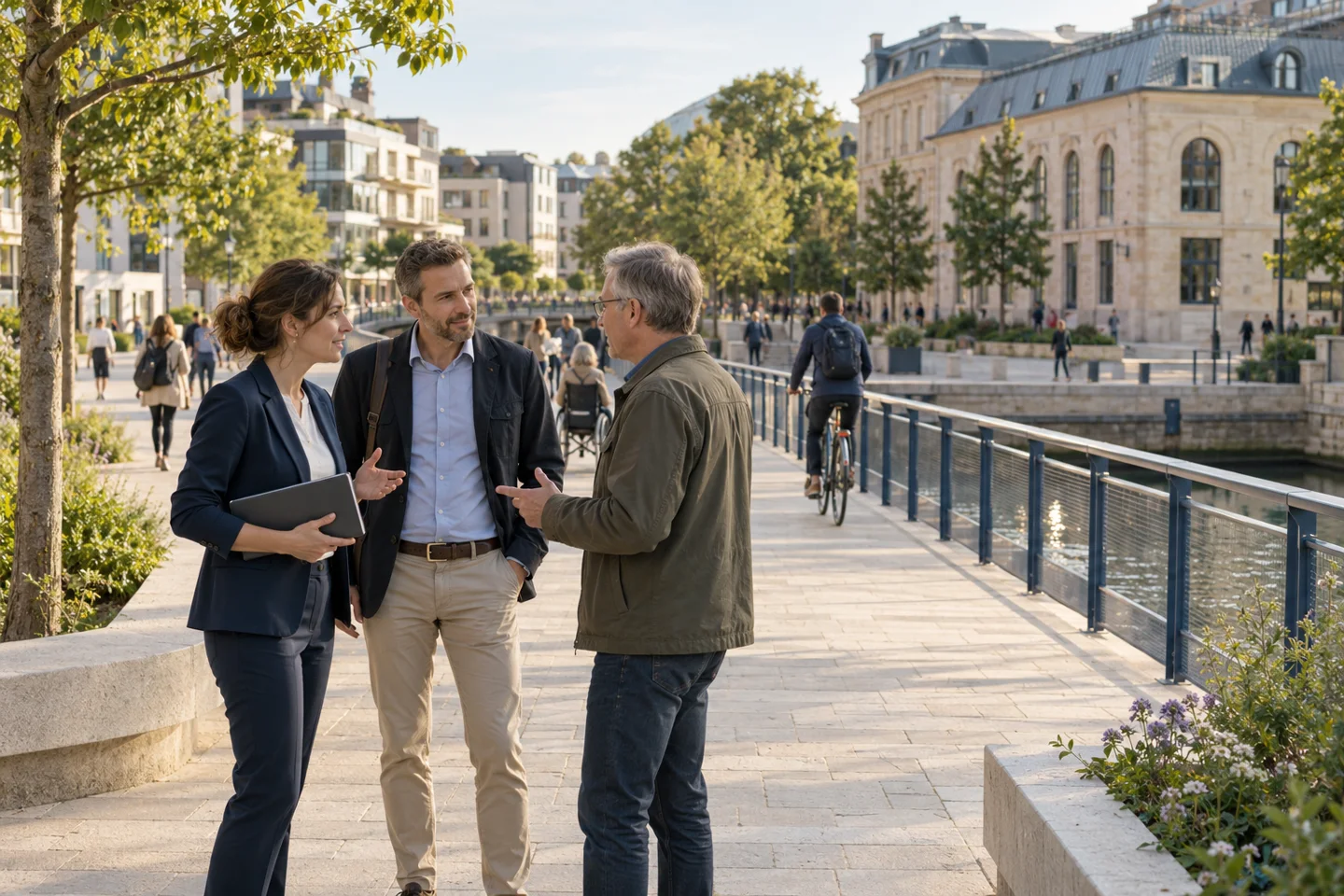 Drei Menschen im Gespräch an einem öffentlichen Fuß- und Radweg am Wasser